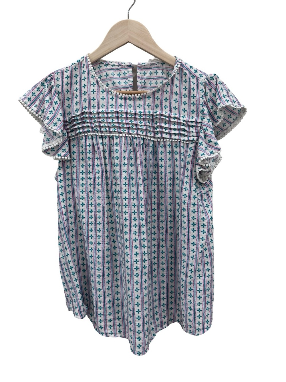Mine Floral Pintuck Flutter Sleeve Top - White ,Teal and Pink